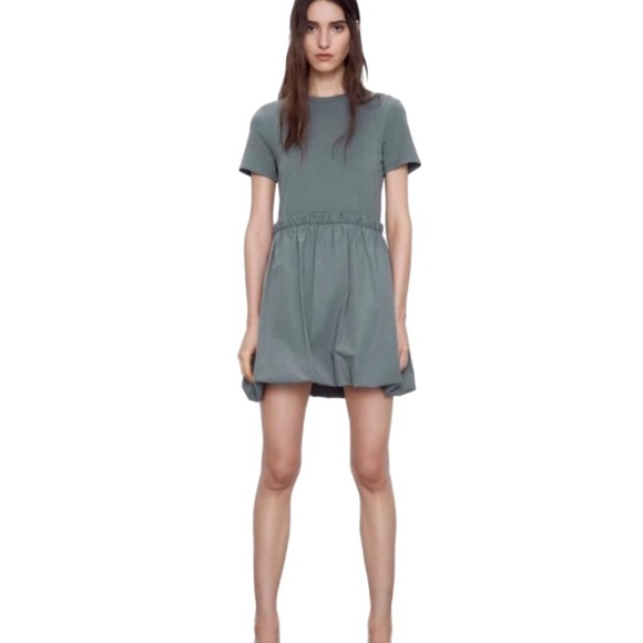 Zara Dresses & Skirts - Zara Like New Green Combination Mini Dress with Voluminous Hem Size Medium